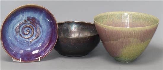 Delan Cookson (b. 1937), a studio pottery ovoid bowl with banded mottled glaze and two other items,